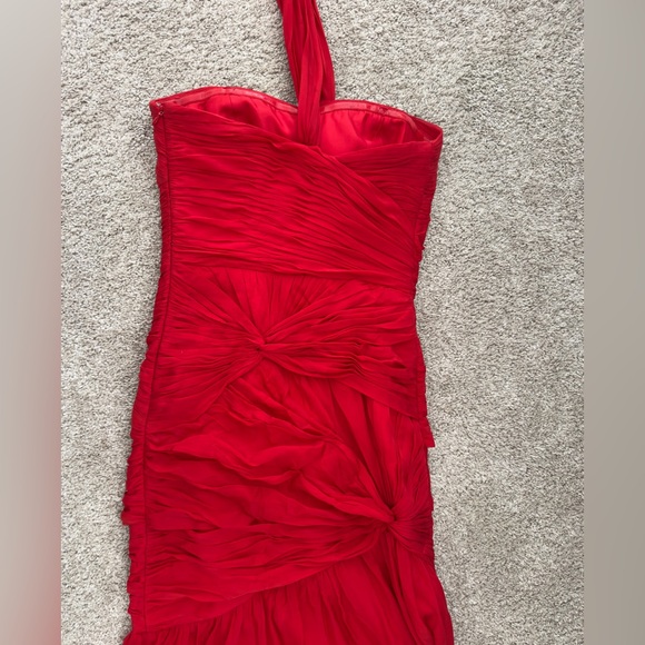 ❤️ ML MONIQUE LHUILLIER RED SILK XXS GOWN PLEATED ONE SHOULDER PROM FORMAL - Picture 12 of 16
